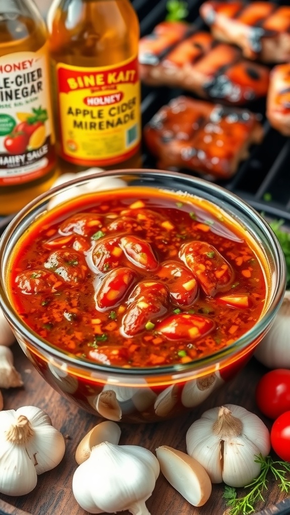 Tangy BBQ marinade in a bowl with fresh garlic and herbs, ready for grilling.